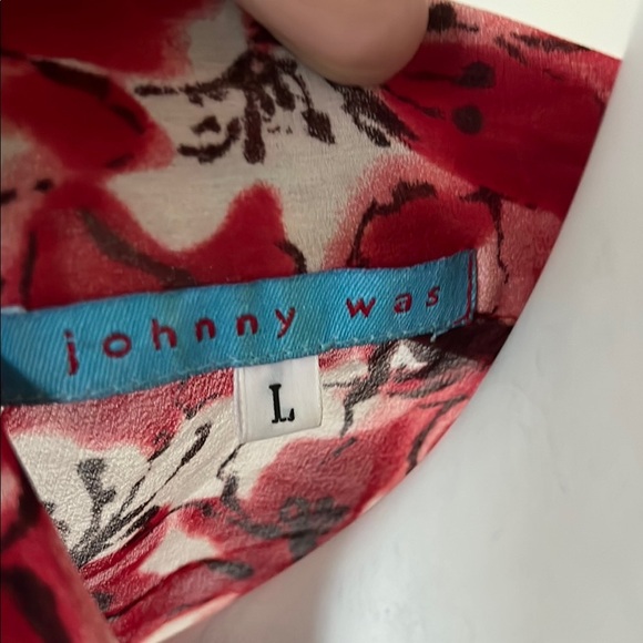 Johnny Was Silk Red and White Abstract Wrap Blouse Size L - Picture 2 of 7